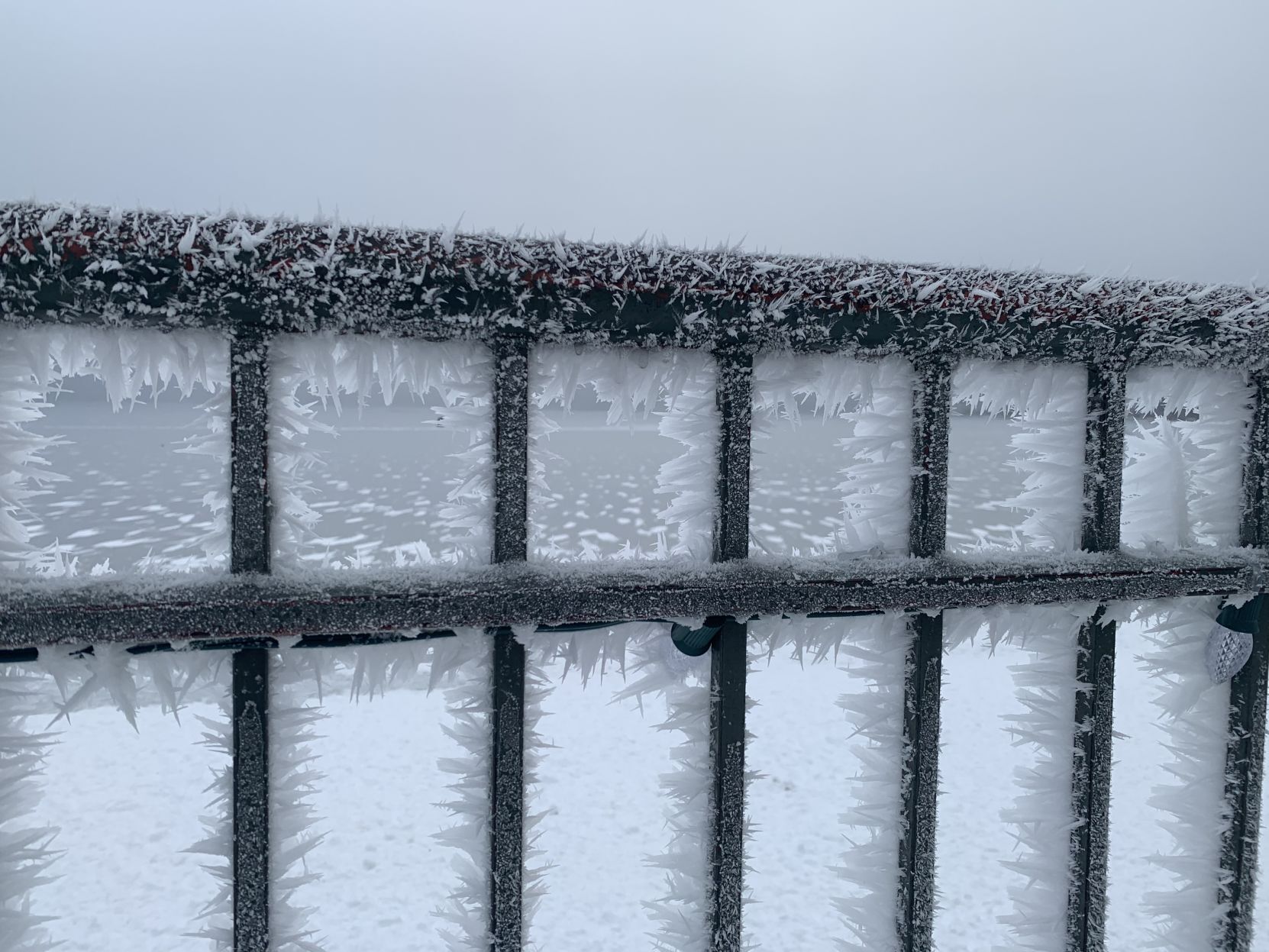 The ice crystals can be seen on the rails of the fence overlooking Riviera Beach